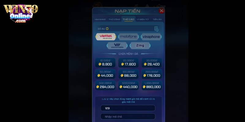 Nạp tiền ví game Win79