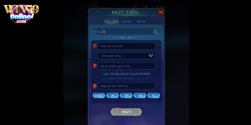 Rút tiền Win79 hình thức thủ công